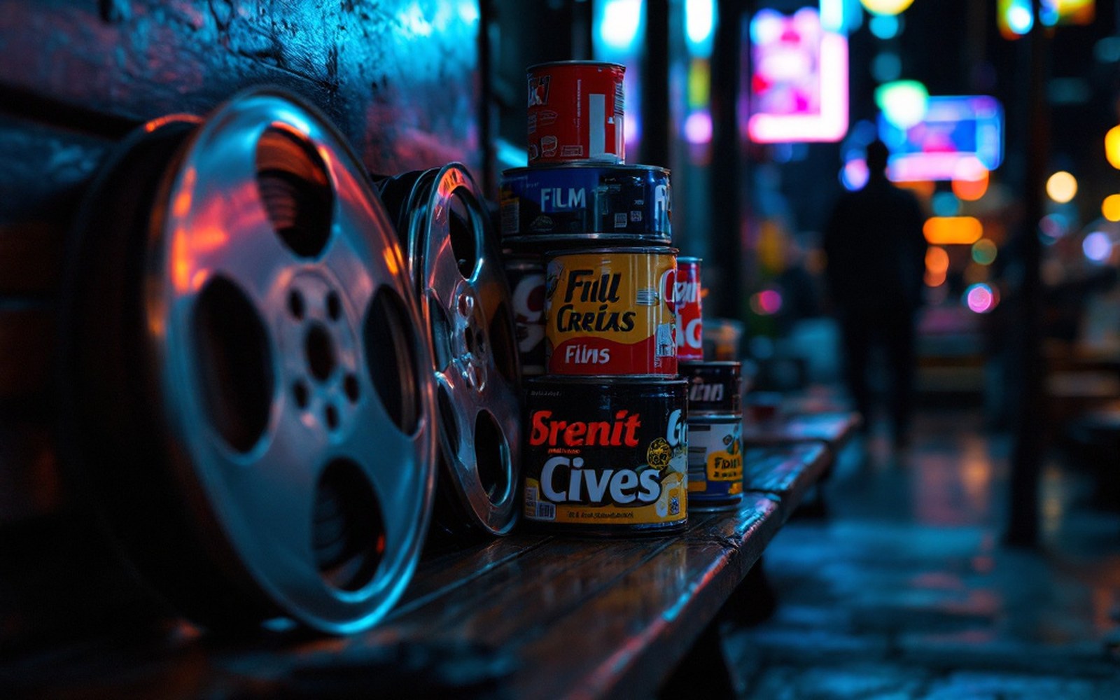 A film reel and cans stacked on a bench