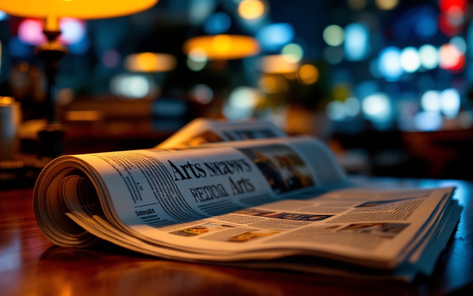 A folded newspaper arts section, close, lamp light