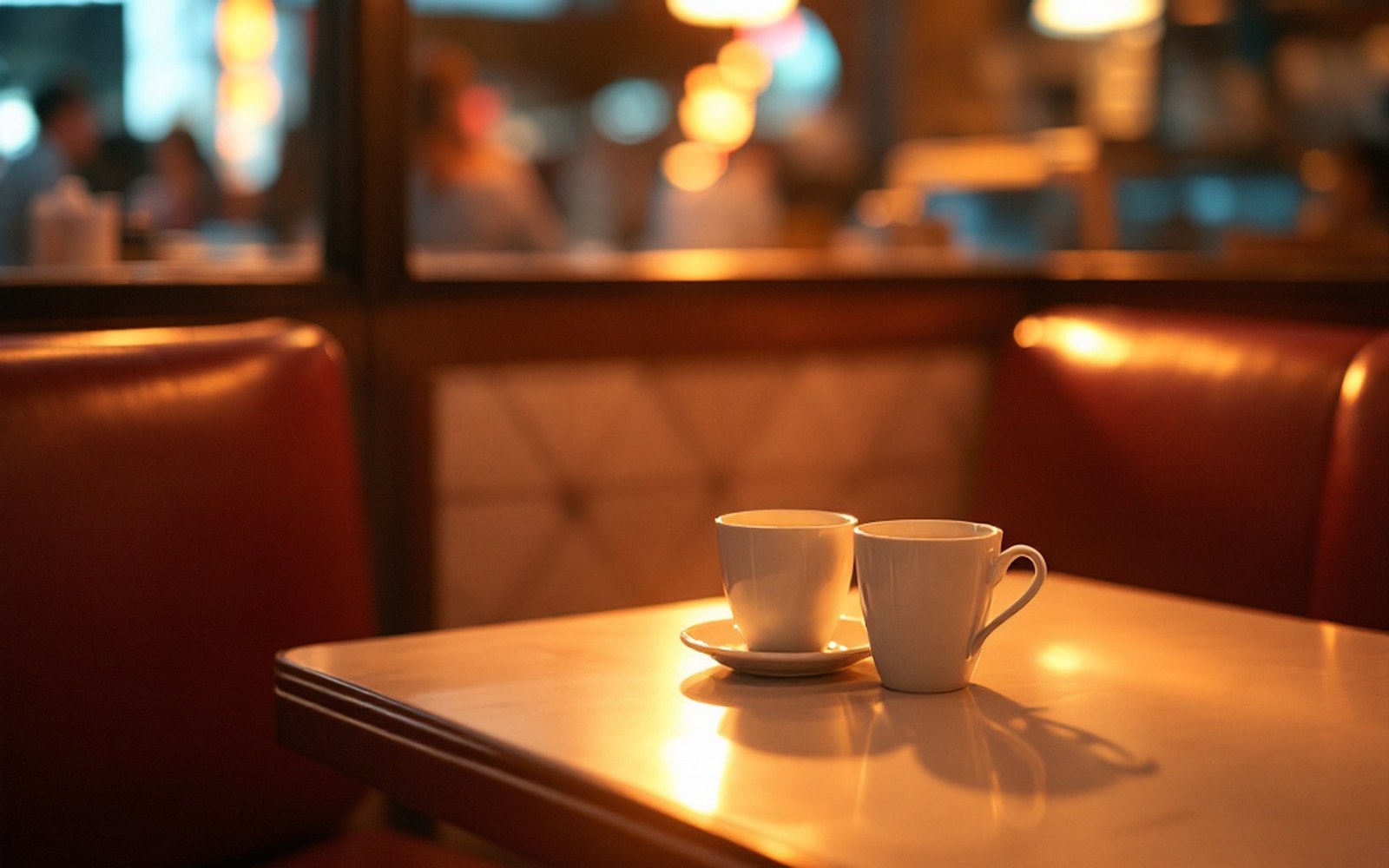 A diner booth with two coffee cups, warm light