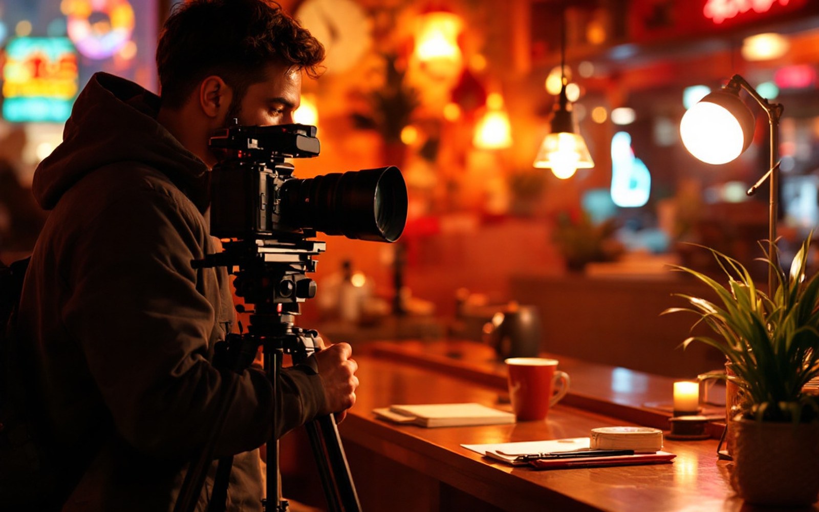 A film camera body on a tripod head, close, warm light