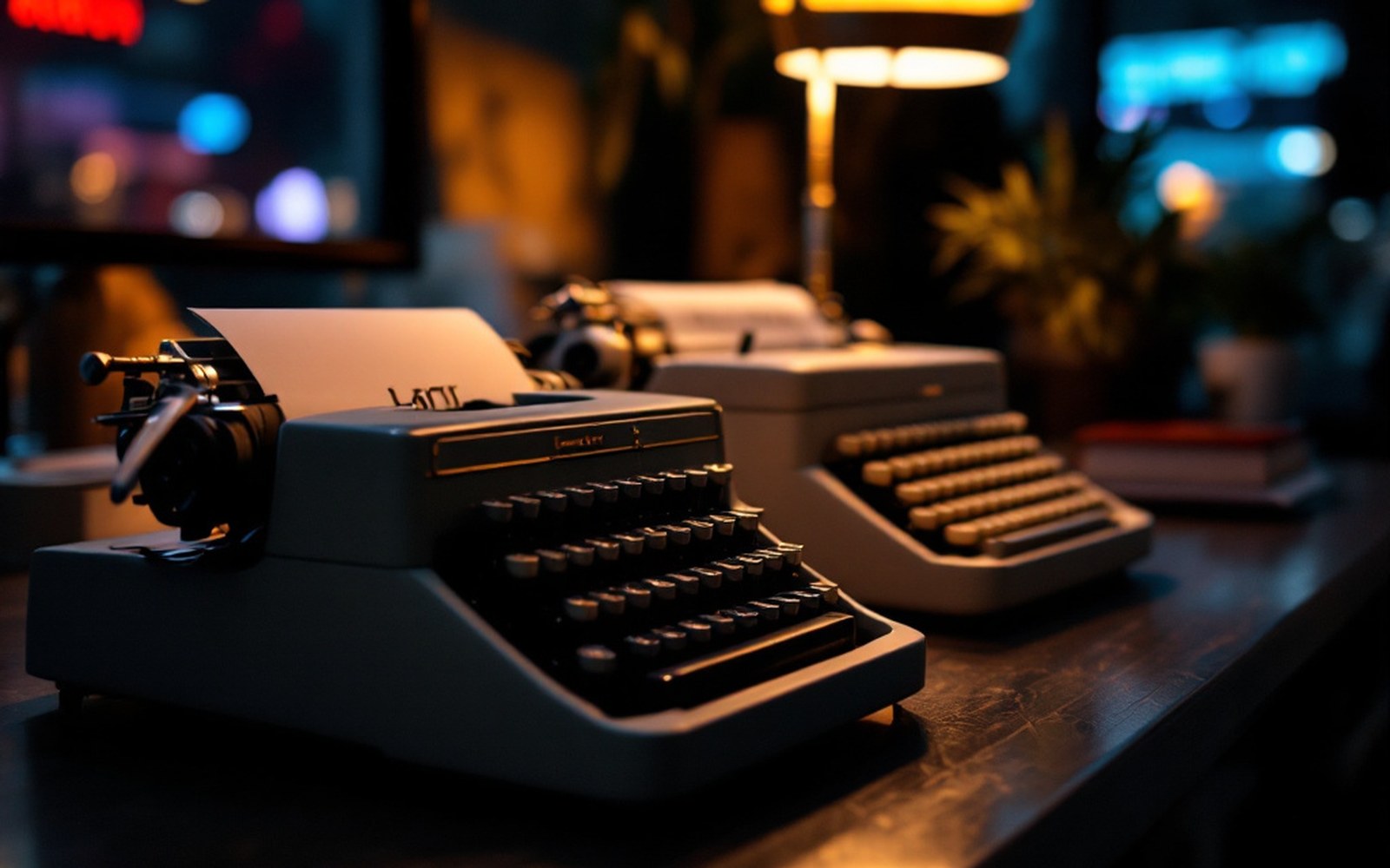 Two typewriters on one desk, close