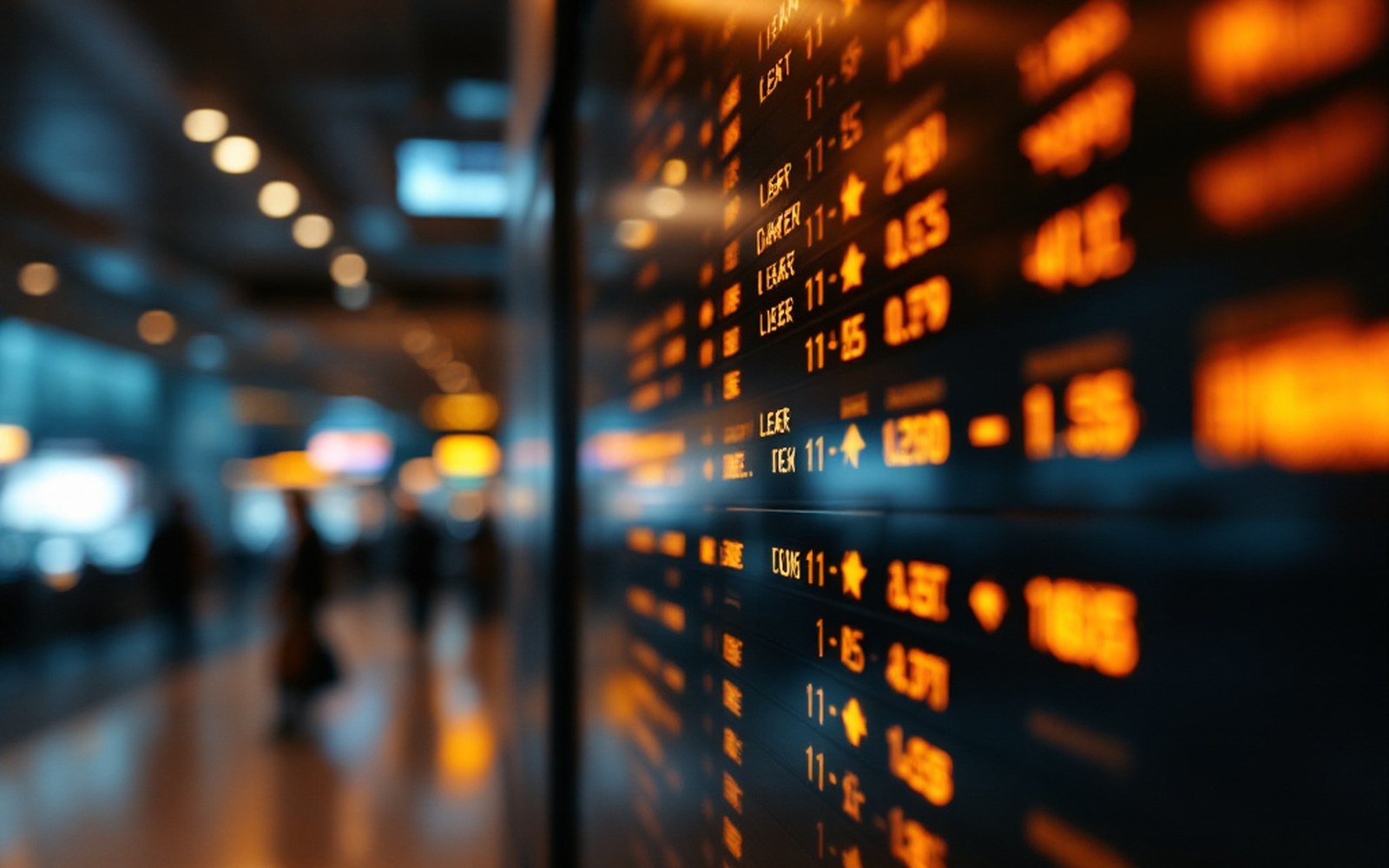An airport departure board, out of focus, warm