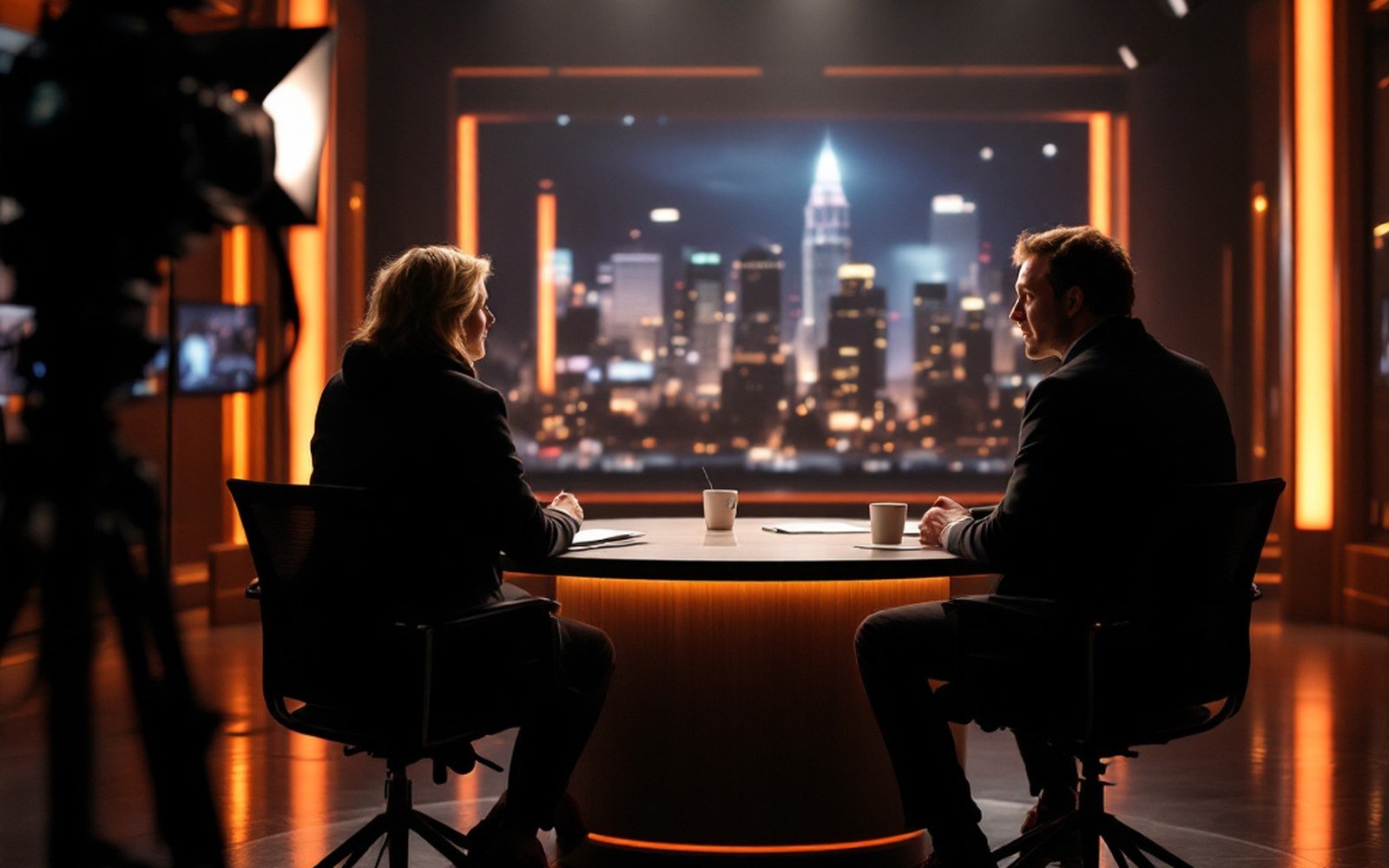 Two adults seated at a lit television anchor desk in a studio, cameras dark, seen wide from the floor