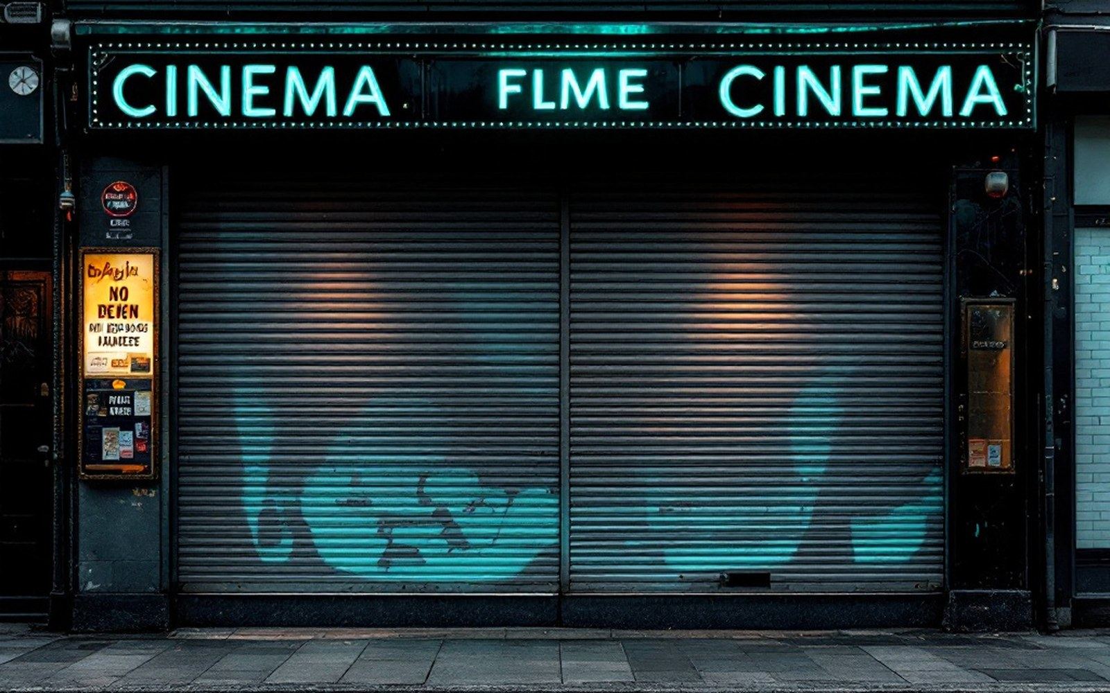 A shuttered cinema frontage in daylight