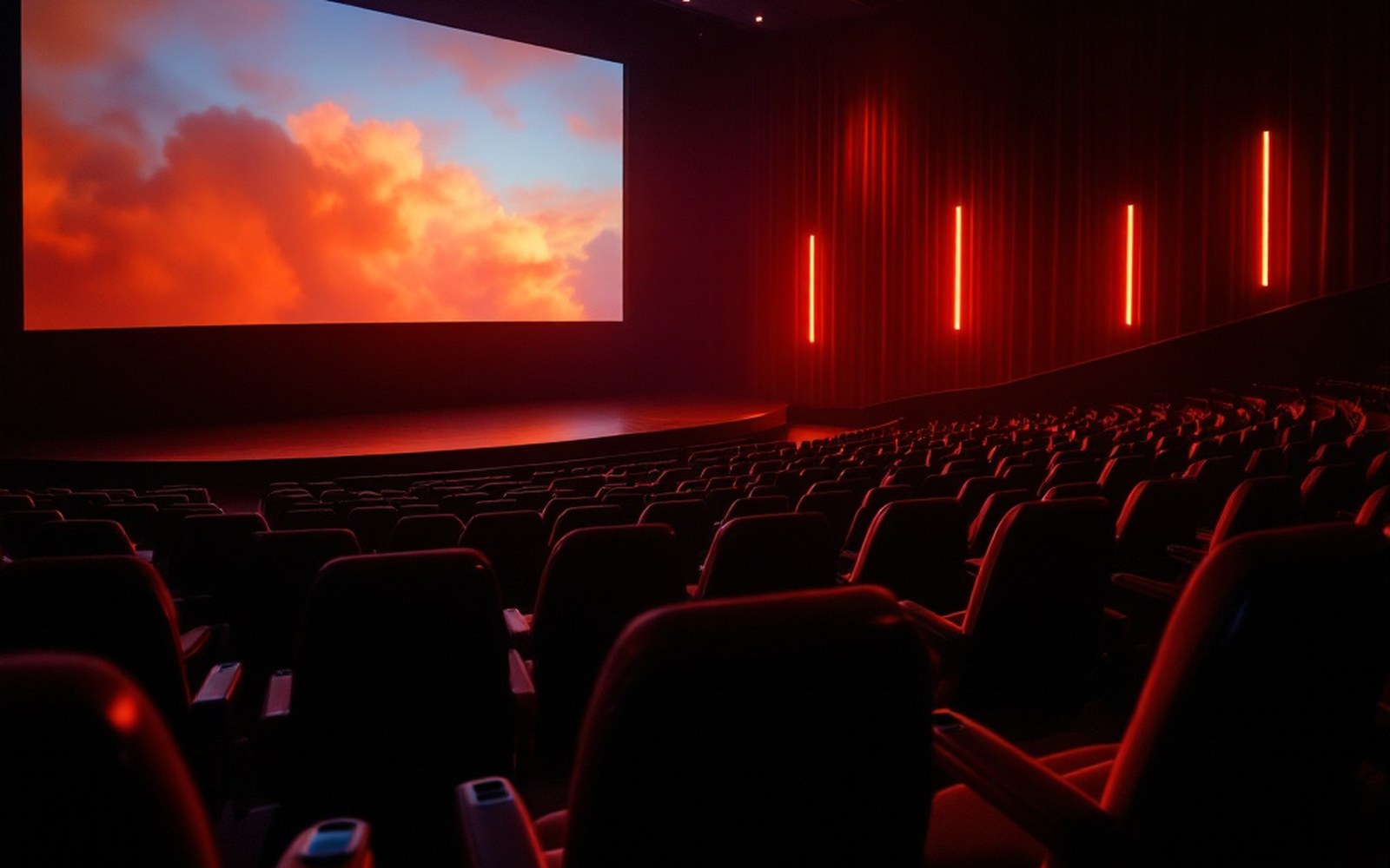 A cinema auditorium seen from the screen, empty seats