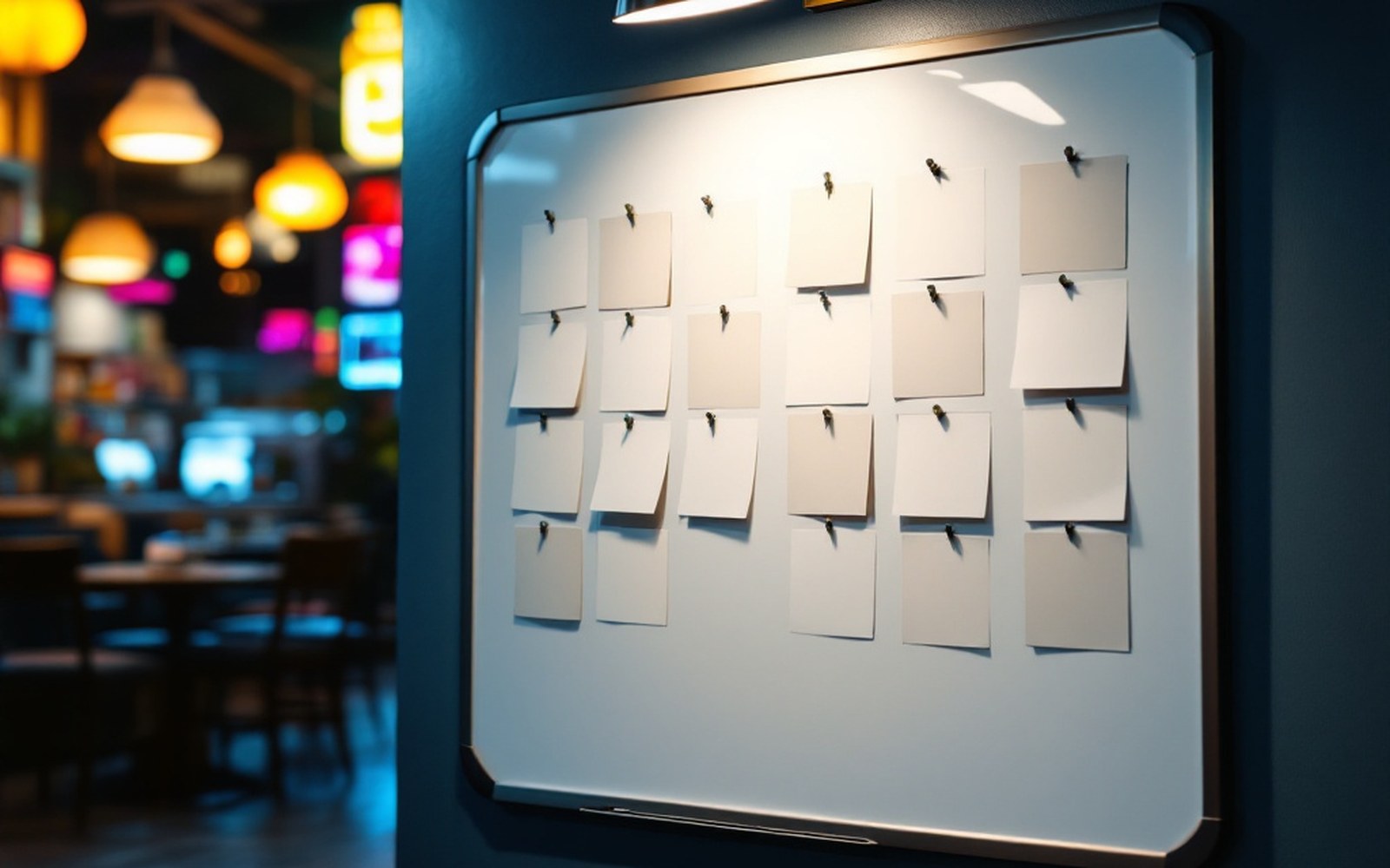 A whiteboard with index cards pinned in rows