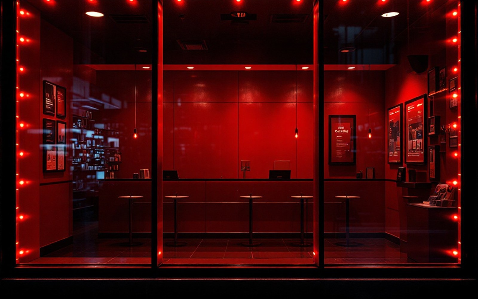 A cinema box-office window at night, lit, empty