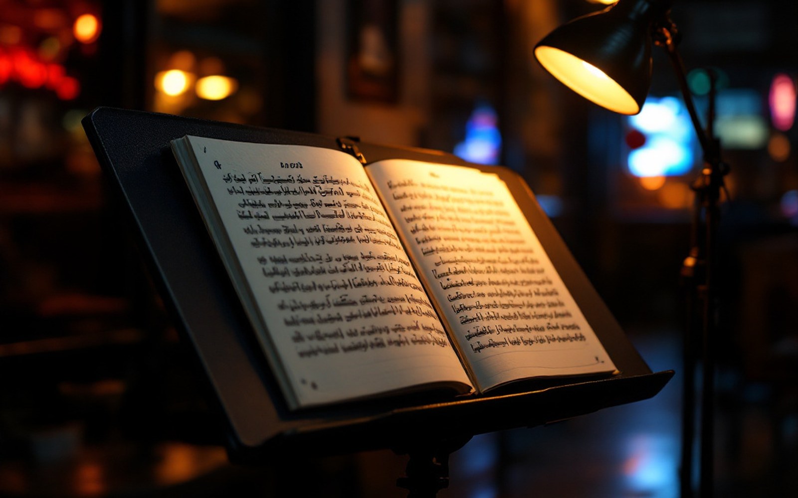 A conductor's stand with an open score under a lamp