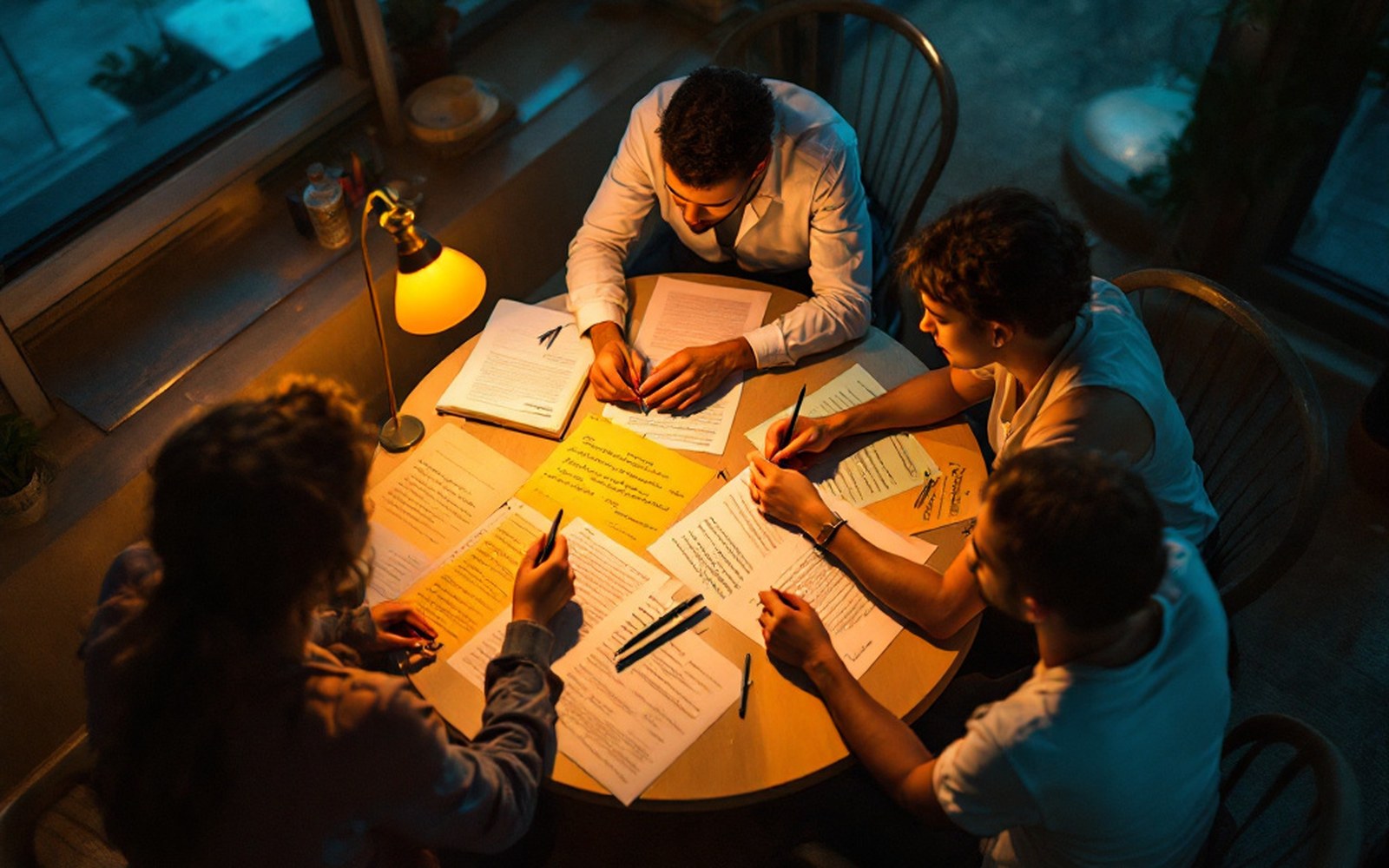 Three adults around a table covered in coloured script pages, mid-conversation, seen from above, warm practical light